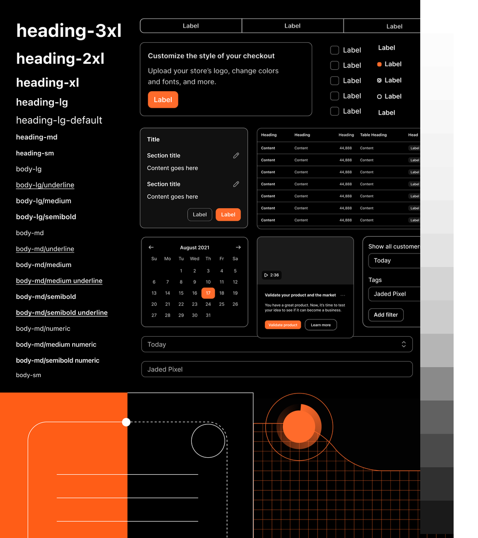 AfterShip Design System 字体层级、表单、表格、日历、按钮与辅助图形视觉总览