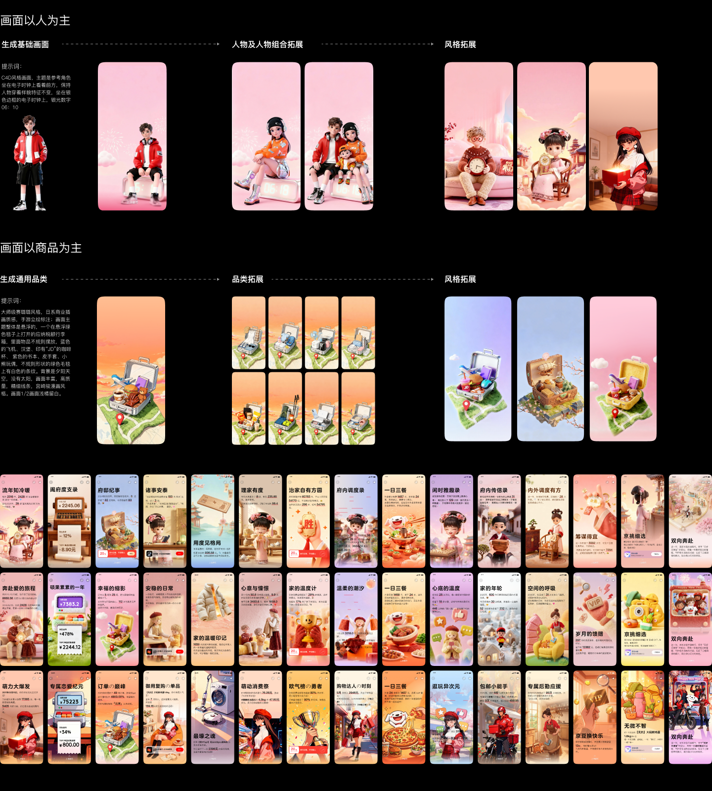 人物画面与商品画面的生成、人物组合拓展、品类拓展和风格迁移展示